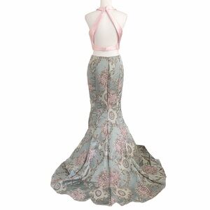 Alyce PARIS 2 PIECES FLORAL EMBROIDERED BROCADE HIGH RISE SKIRT HALTER TOP DRESS